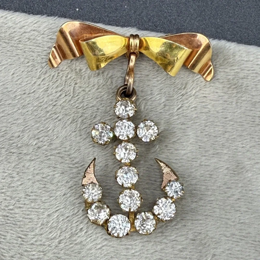 Vintage‎ Gold Filled Brooch Anchor Rhinestone Bow Nautical